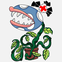 cartoon insectivorous plant with sharp teeth and creeping roots