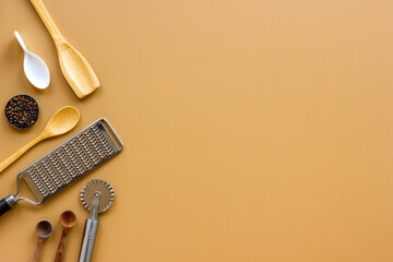 Flat lay of kinchen appliance and utensils for cooking background