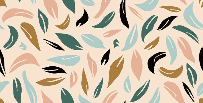 Abstract leaves seamless repeat pattern background. Random placed, multicolored, vector botany leaf shapes all over surface print.