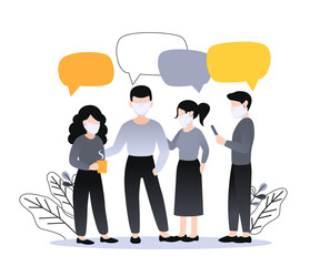 Vector illustration, flat style, group of people in masks discuss social network, news, chat, dialogue speech bubbles. Plant leaves and clouds on the background.