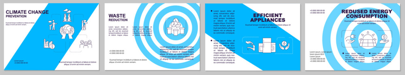 Preventing climate change blue brochure template. Booklet print design with linear icons. Vector layouts for presentation, annual reports, ads. Arial, Myriad Pro-Regular fonts used - obrazy, fototapety, plakaty
