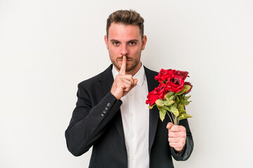 Young caucasian man holding bouquet of flowers isolated on white background keeping a secret or asking for silence.