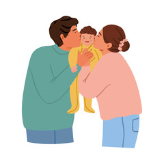 Young parents hug and kiss baby. Happy family. Vector hand drawn illustration in flat style. Isolated on white background.