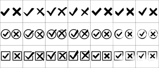 Set of checkmark and cross icons. The texture of circles and squares. Quality control, a checklist of signs, an approval and denial icon. For banners, posters, landing pages of websites. Vector