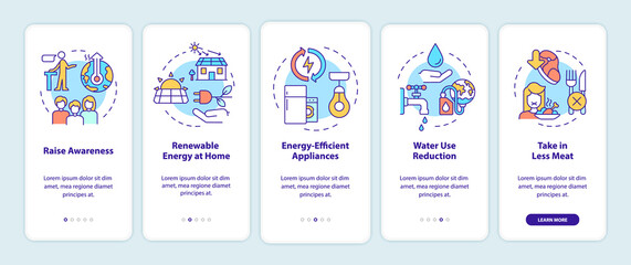 Preventing climate changes onboarding mobile app screen. Walkthrough 5 steps graphic instructions pages with linear concepts. UI, UX, GUI template. Myriad Pro-Bold, Regular fonts used