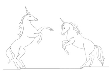 unicorns drawing by one continuous line, isolated, vector