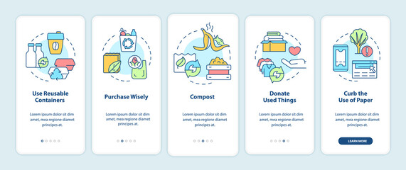 How to minimize waste onboarding mobile app screen. Reuse and reduce. Walkthrough 5 steps graphic instructions pages with linear concepts. UI, UX, GUI template. Myriad Pro-Bold, Regular fonts used