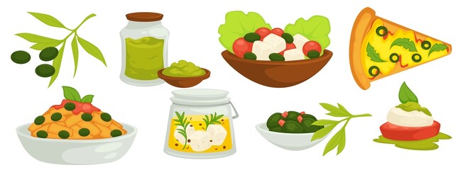Olives based food and dishes with ingredients