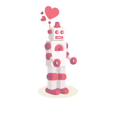 Robot falling in love. Retro toy robot and hearts drawing in cartoon style. Part of set.