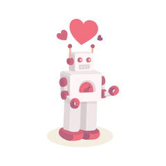 Robot falling in love. Retro toy robot and hearts drawing in cartoon style. Part of set.