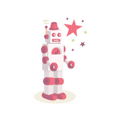 Robot and stars on background. Retro toy robot drawing in cartoon style. Part of set.