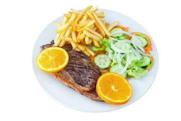 Grilled veal or pork chicken meat with potato chips salad on white isolated background.