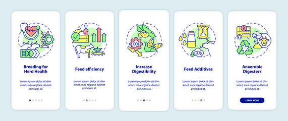 Livestock greenhouse gases reduction onboarding mobile app screen. Walkthrough 5 steps graphic instructions pages with linear concepts. UI, UX, GUI template. Myriad Pro-Bold, Regular fonts used