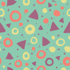 Seamless pattern with abstract graphics: circles, triangles and polka dots.