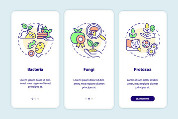 Agricultural microbiology onboarding mobile app screen. Bacteria, fungi walkthrough 3 steps graphic instructions pages with linear concepts. UI, UX, GUI template. Myriad Pro-Bold, Regular fonts used