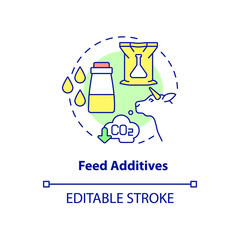Feed additives concept icon. Dairy cows nutrition abstract idea thin line illustration. Reducing methane. Isolated outline drawing. Editable stroke. Roboto-Medium, Myriad Pro-Bold fonts used