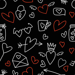 Seamless pattern about love. Doodle style on a black background with white and red elements. Pattern includes heart, arrow, glasses, cup, key, speech bubble, ring, wings, jar of hearts, crown. Vector.