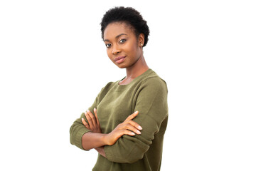 beautiful young african American woman against isolated white background with arms crossed