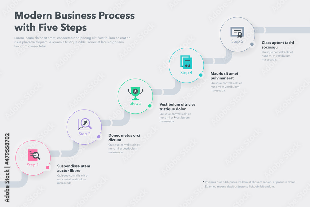 Poster Business process chart with five colorful steps. Easy to use for your website or presentation.