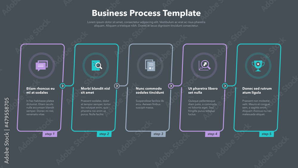 Poster Simple business process template with five steps - dark version. Easy to use for your website or presentation.