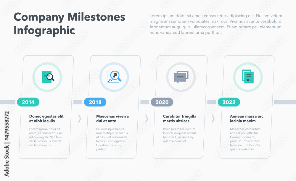 Poster Company milestones template with four steps. Easy to use for your website or presentation.