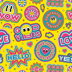Cool Trendy Pop Art Stickers Seamless Pattern Vector Design. Abstract Cute Pathes Background. Colorful Good Vibes Artwork.