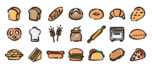 Bread and bakery icon set for graphic (Hand-drawn line, colored version)