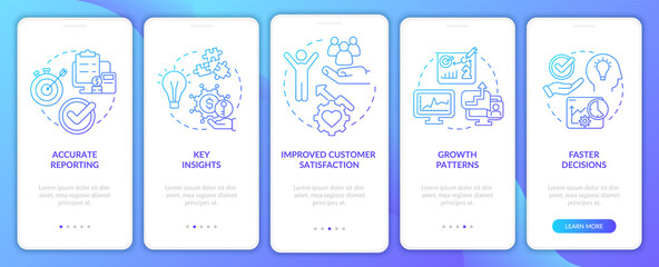 Importance of business tools blue gradient onboarding mobile app screen. Walkthrough 5 steps graphic instructions pages with linear concepts. UI, UX, GUI template. Myriad Pro-Bold, Regular fonts used