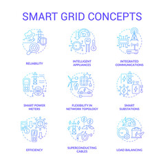 Smart grid blue gradient concept icons set. Contemporary engineering system. Electric power idea thin line color illustrations. Isolated outline drawings. Roboto-Medium, Myriad Pro-Bold fonts used