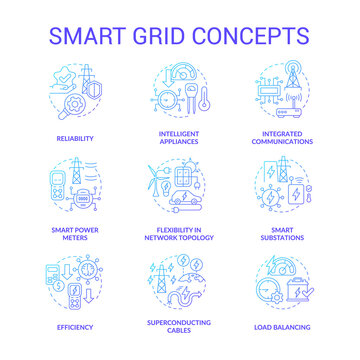 Smart grid blue gradient concept icons set. Contemporary engineering system. Electric power idea thin line color illustrations. Isolated outline drawings. Roboto-Medium, Myriad Pro-Bold fonts used