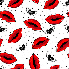 Seamless pattern with red lips with hearts. Beauty repeated backdrop. Girlish wallpaper.Colorful cartoon style. - obrazy, fototapety, plakaty
