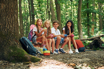 Fototapeta na wymiar Sitting in the camp. Kids strolling in the forest with travel equipment