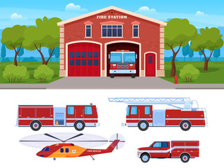 Fire fighting machinery collection vector flat illustration. Firefighting vehicles