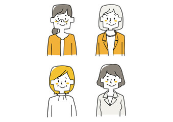 中年女性のオフィスカジュアルな上半身のアイコン　スタンダードな笑顔　手描きの人物ベクターイラスト