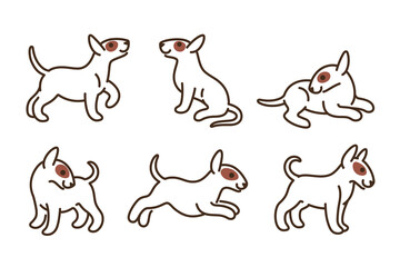Bull terrier icon set. Cartoon dog in various poses. Vector illustration for prints, clothing, packaging, stickers.