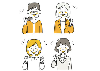 中年女性のオフィスカジュアルな上半身のアイコン　喜んでいる様子　手描きの人物ベクターイラスト