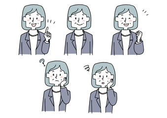 中年女性のオフィスカジュアルな上半身のアイコン　表情のバリエーション　手描きの人物ベクターイラスト