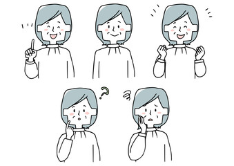 中年女性のオフィスカジュアルな上半身のアイコン　表情のバリエーション　手描きの人物ベクターイラスト