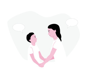 Flat vector illustration of mother and son encourage mental health awareness, family talking.