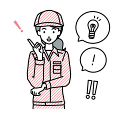 立って素晴らしいアイデアをひらめいた作業員の女性 フキダシに電球と感嘆符のセット