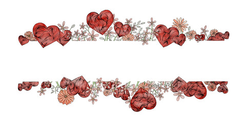 Banner floral de acuarela con corazones rojos y flores de tono pastel aisladas sobre fondo blanco. Ideal para mensajes de amor, San Valentín, etc.