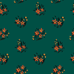 Seamless pattern with floral bouquets. An old-fashioned floral print with a simple composition. Small bouquets of flowers, leaves on a dark background. Vector illustration with hand drawn plants.