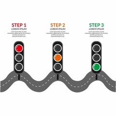 Infographic traffic light with road symbol in yellow, red, and green color. stop, warning, and go sign, perfect for Illustration Vector Graphic presentation, campaign, and poster