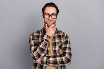 Photo of clever smart guy dressed checkered shirt glasses arms chin smiling isolated grey color background