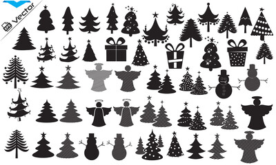 Christmas icon elements black isolated on white background.
