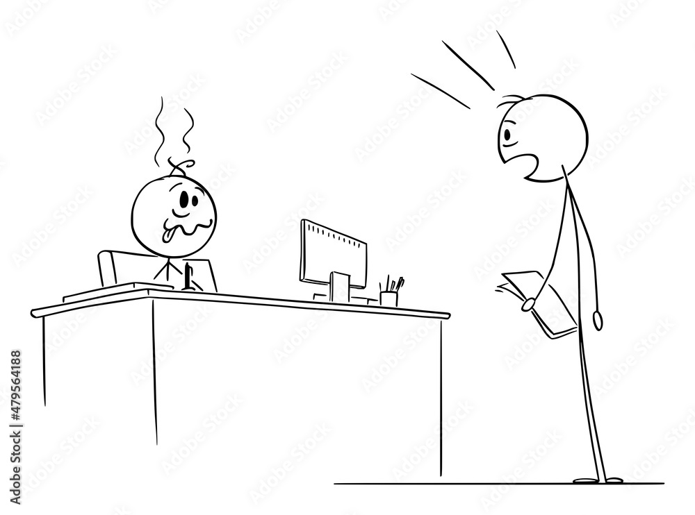 Poster person shocked by crazy, mad or lunatic boss, clerk or state servant , vector cartoon stick figure i