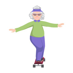 Grandma rides a skateboard. A modern elderly woman does sports. The concept of longevity and an active lifestyle. Vector isolated flat illustration on white background