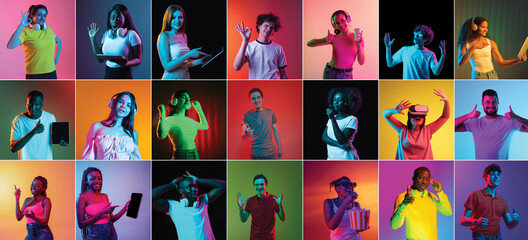 Collage of young people, boys and girls posing with gadgets isolated over multicolored background...