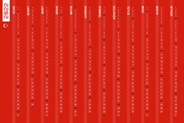 One-row vertical calendar for the year 2022 in Turkish. Turkish calendar for 2022 with highlighted Sundays.