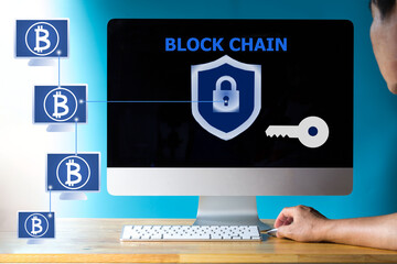 Blockchain technology concept with diagram of chain and encrypted blocks. businessman hand working with new modern computer and business strategy and hashing algorithm.. - obrazy, fototapety, plakaty